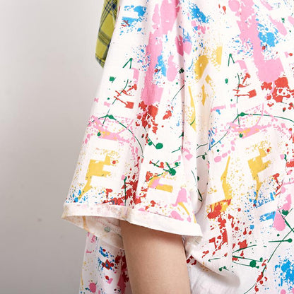 Plaid Print Short Sleeve Casual Hooded Blouse