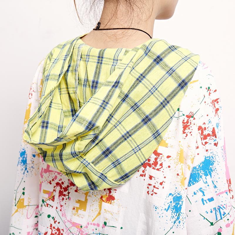 Plaid Print Short Sleeve Casual Hooded Blouse