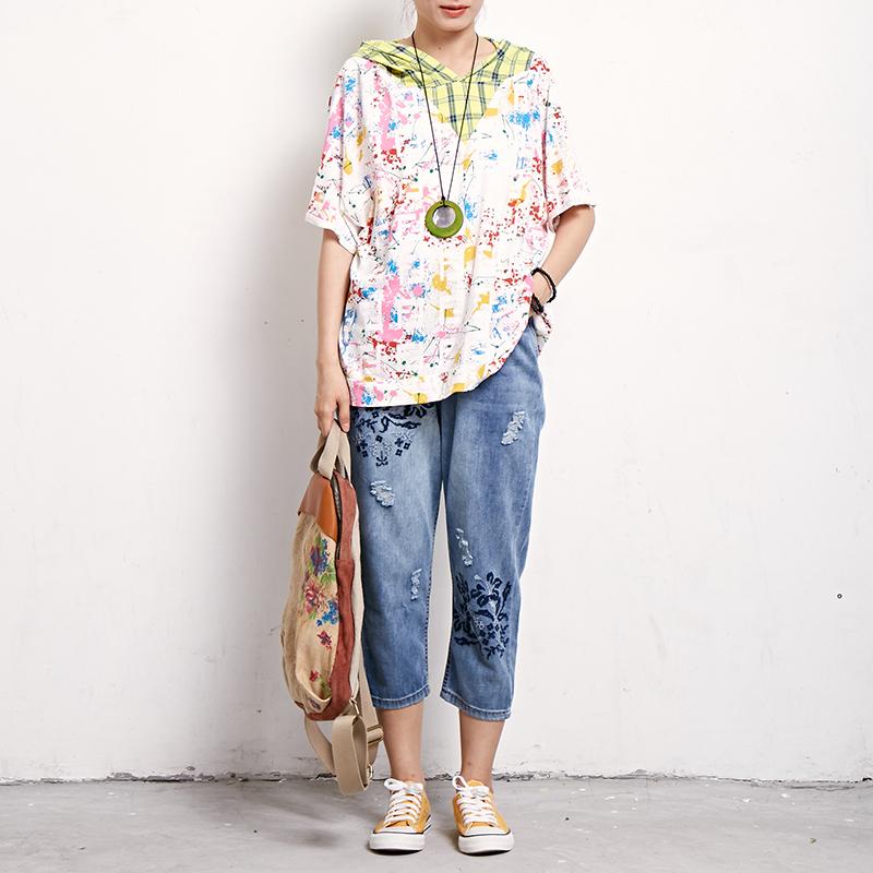 Plaid Print Short Sleeve Casual Hooded Blouse