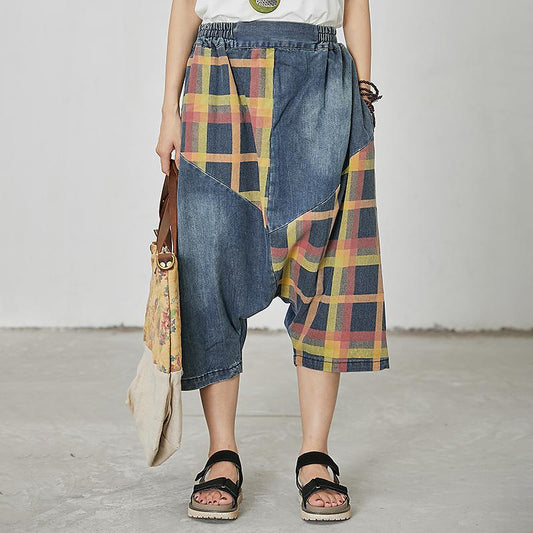 Plaid Printed Spliced Pockets Loose Jeans