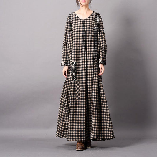 Plaid Printing Loose Splicing Maxi Dress