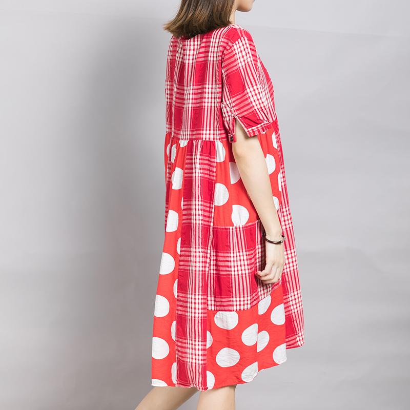Plaid Spliced Dot Comfortable Cotton Dress