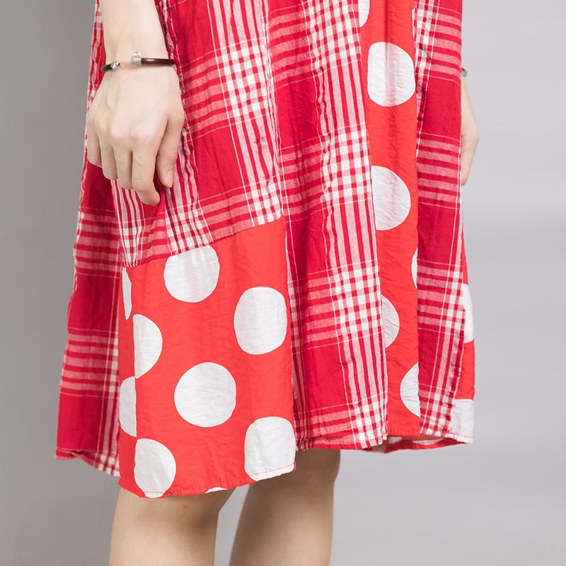 Plaid Spliced Dot Comfortable Cotton Dress