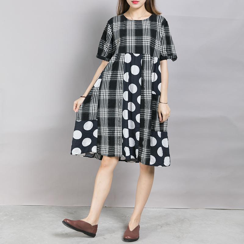 Plaid Spliced Dot Comfortable Cotton Dress