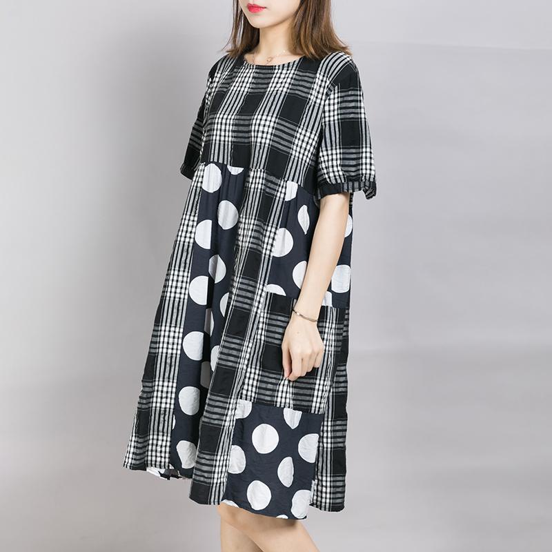 Plaid Spliced Dot Comfortable Cotton Dress
