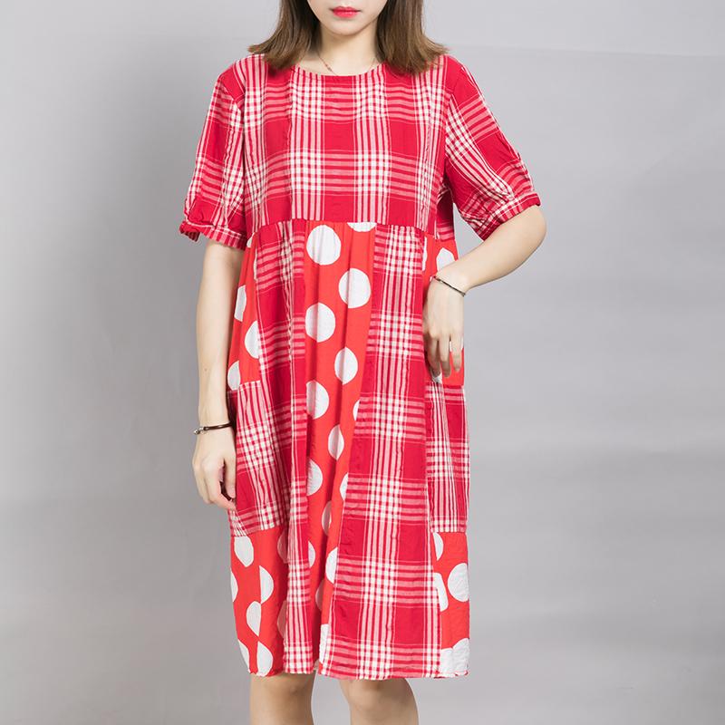Plaid Spliced Dot Comfortable Cotton Dress