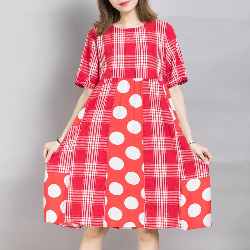 Plaid Spliced Dot Comfortable Cotton Dress