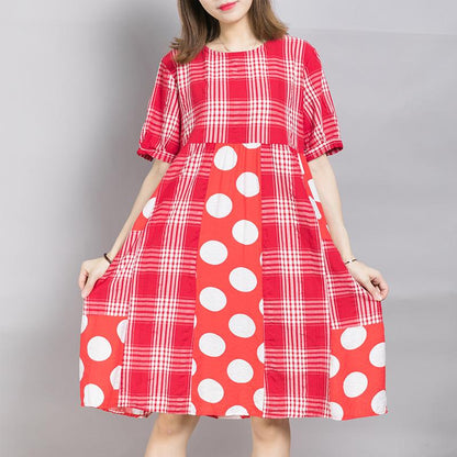 Plaid Spliced Dot Comfortable Cotton Dress