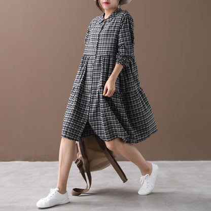 Plaid Spliced Polo Collar Casual Shirt Dress