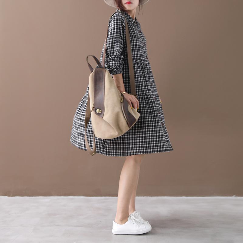 Plaid Spliced Polo Collar Casual Shirt Dress