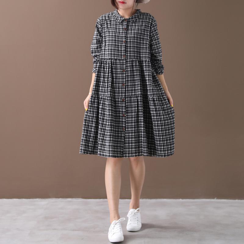 Plaid Spliced Polo Collar Casual Shirt Dress