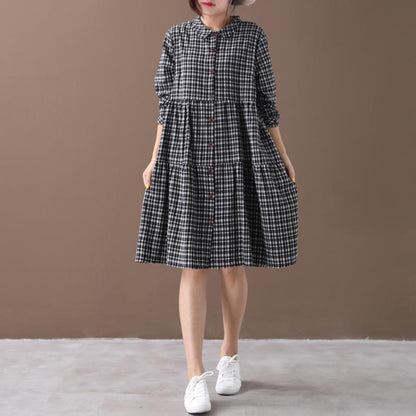 Plaid Spliced Polo Collar Casual Shirt Dress