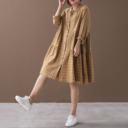 Plaid Spliced Polo Collar Casual Shirt Dress