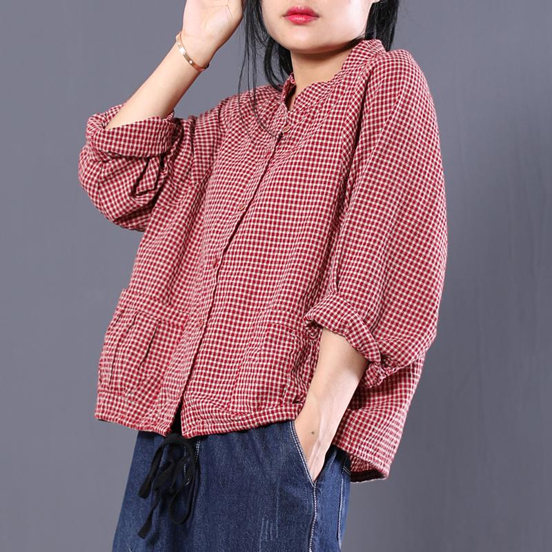 Plaid Women Pleated Loose Spring Cotton Long Sleeve Shirt