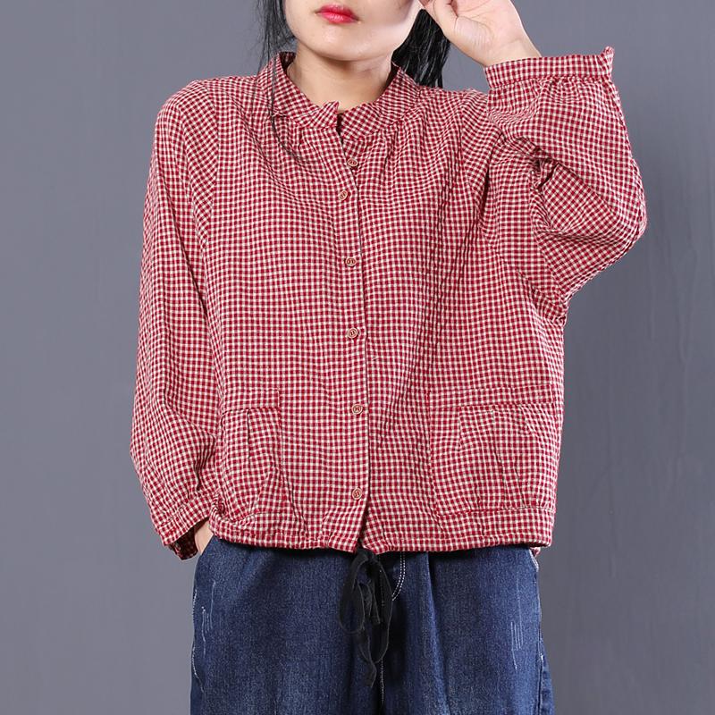 Plaid Women Pleated Loose Spring Cotton Long Sleeve Shirt