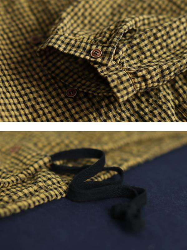 Plaid Women Pleated Loose Spring Cotton Long Sleeve Shirt