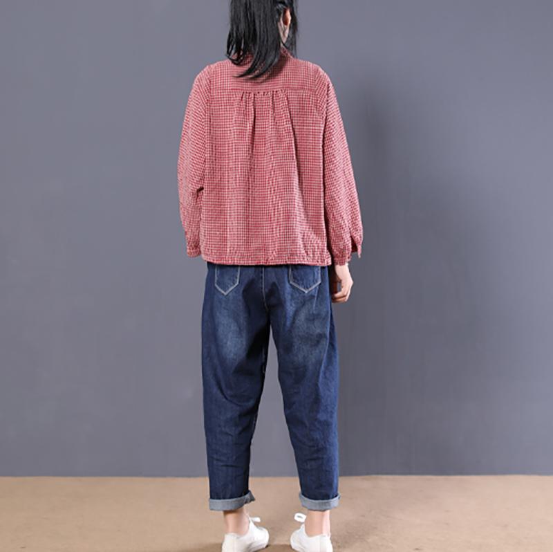 Plaid Women Pleated Loose Spring Cotton Long Sleeve Shirt