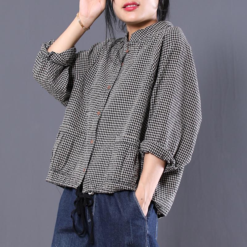 Plaid Women Pleated Loose Spring Cotton Long Sleeve Shirt