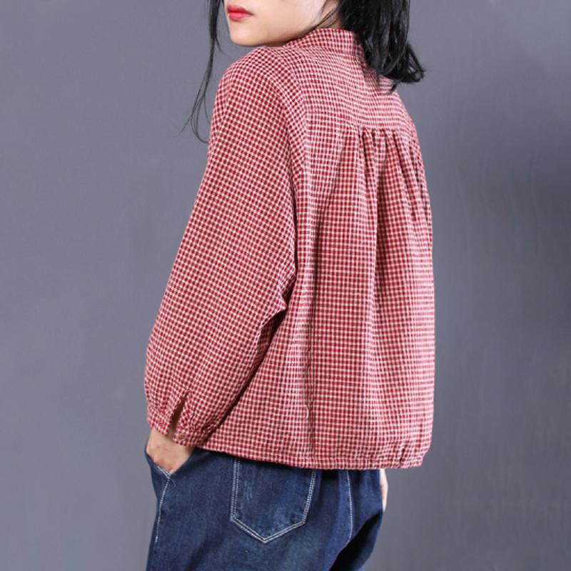 Plaid Women Pleated Loose Spring Cotton Long Sleeve Shirt