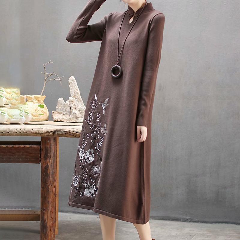Plant Embroidery Elegant Stand Collar Dress