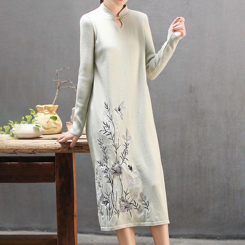 Plant Embroidery Elegant Stand Collar Dress