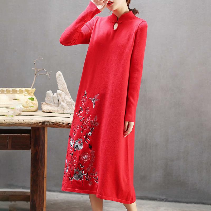 Plant Embroidery Elegant Stand Collar Dress
