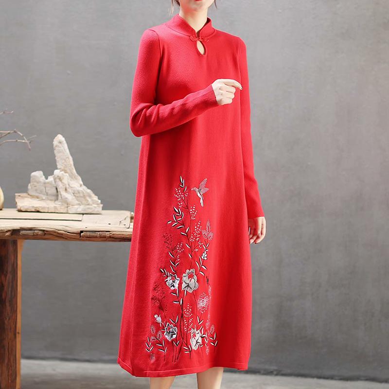 Plant Embroidery Elegant Stand Collar Dress
