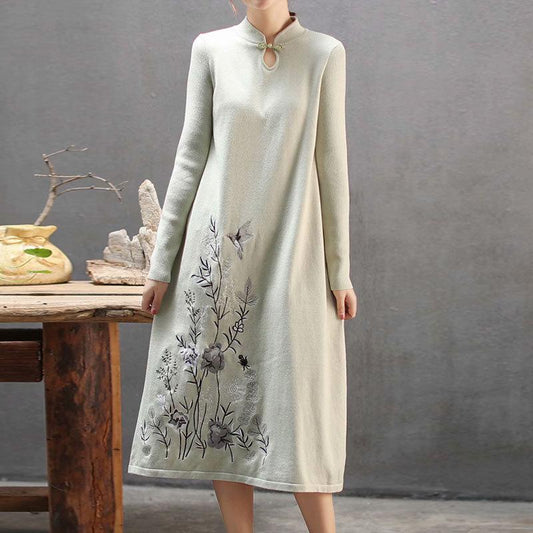 Plant Embroidery Elegant Stand Collar Dress