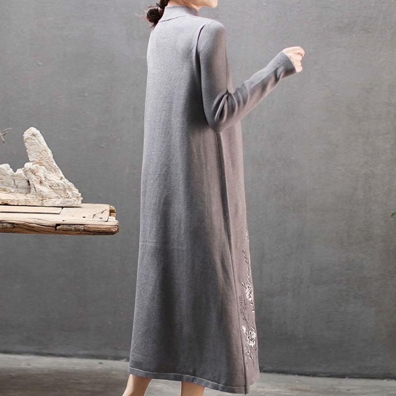 Plant Embroidery Elegant Stand Collar Dress