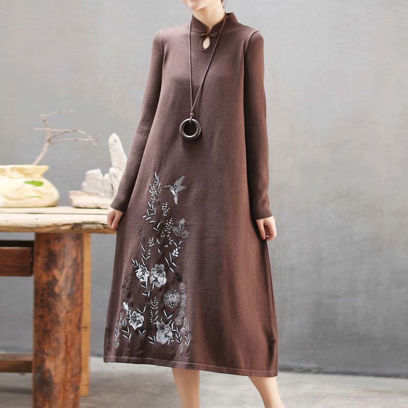 Plant Embroidery Elegant Stand Collar Dress