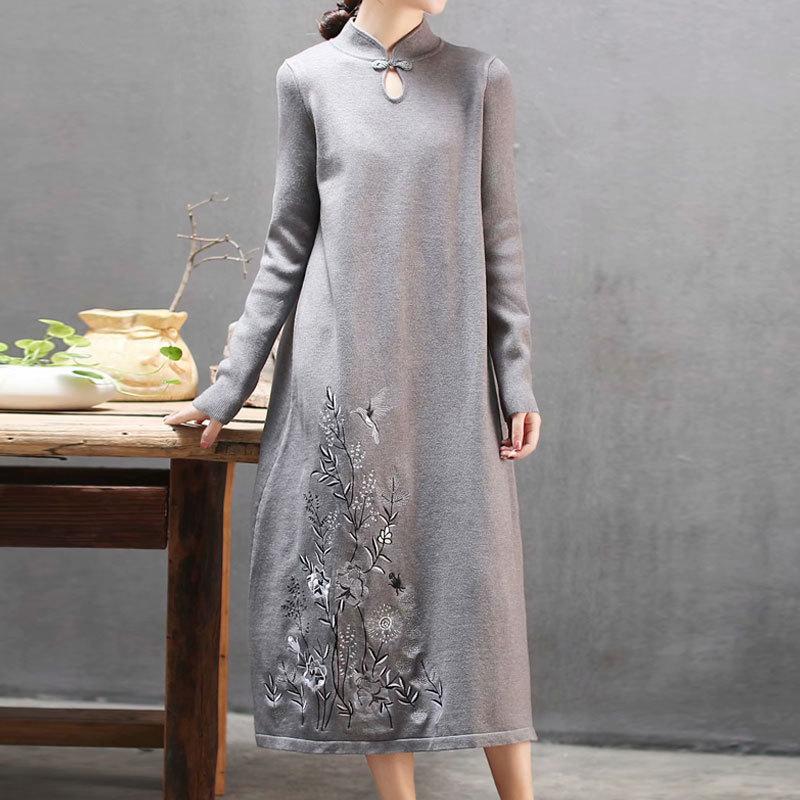 Plant Embroidery Elegant Stand Collar Dress