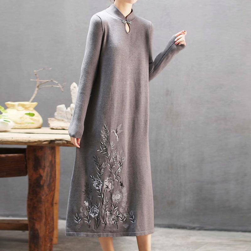 Plant Embroidery Elegant Stand Collar Dress