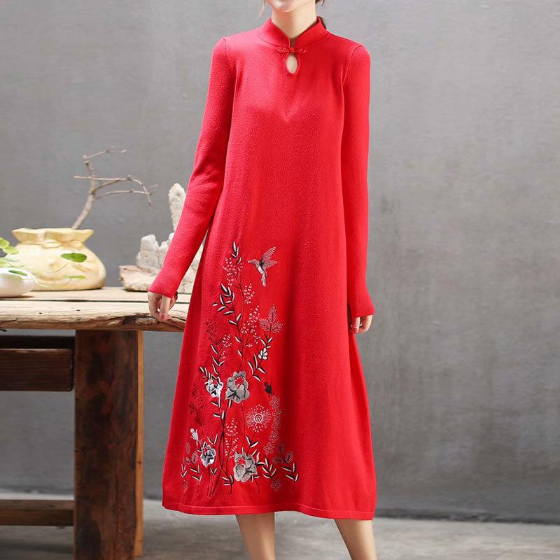 Plant Embroidery Elegant Stand Collar Dress