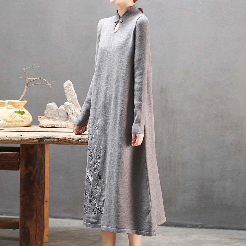 Plant Embroidery Elegant Stand Collar Dress