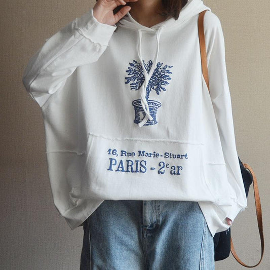 Plant Print Cotton Hooded Spring Sweatshirt