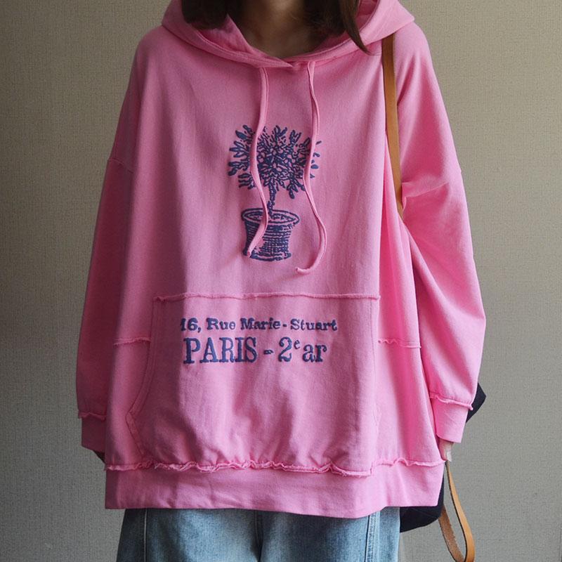 Plant Print Cotton Hooded Spring Sweatshirt