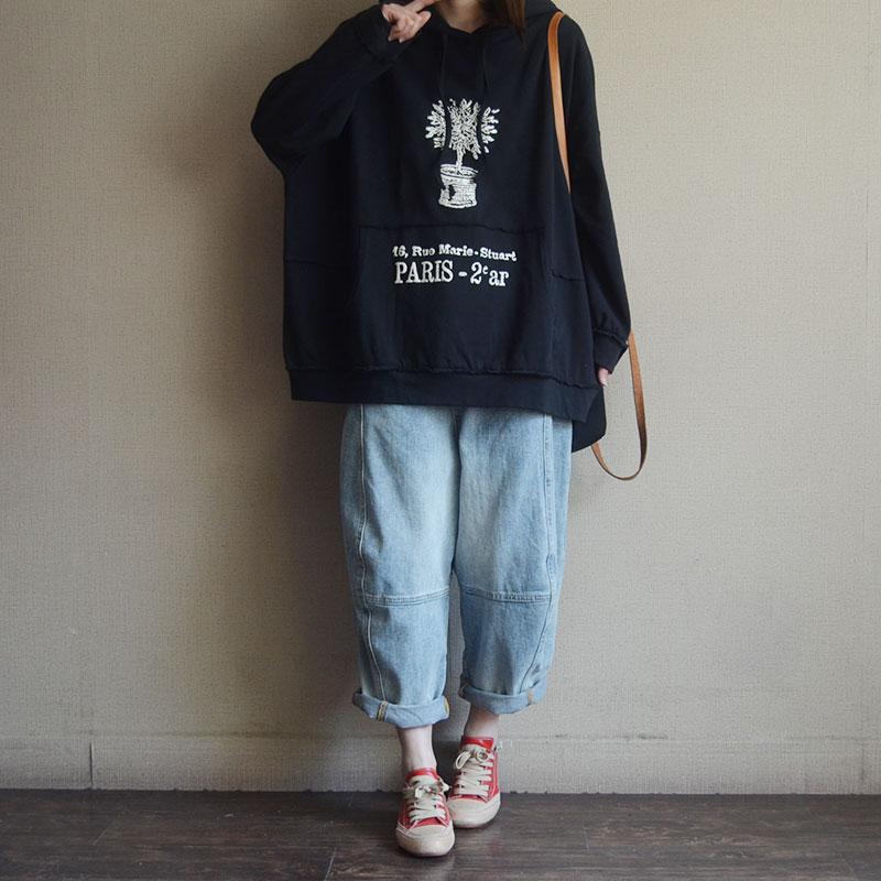 Plant Print Cotton Hooded Spring Sweatshirt