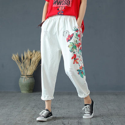 Plant Printed And Frayed Casual Harem Pants
