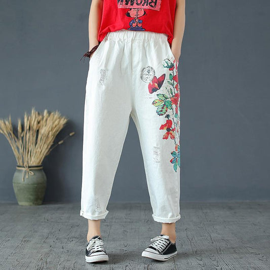 Plant Printed And Frayed Casual Harem Pants