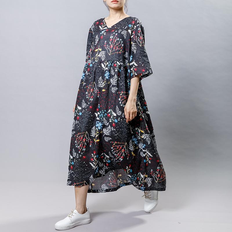 Plant Printed V-Neck Casual Gauzy Dress