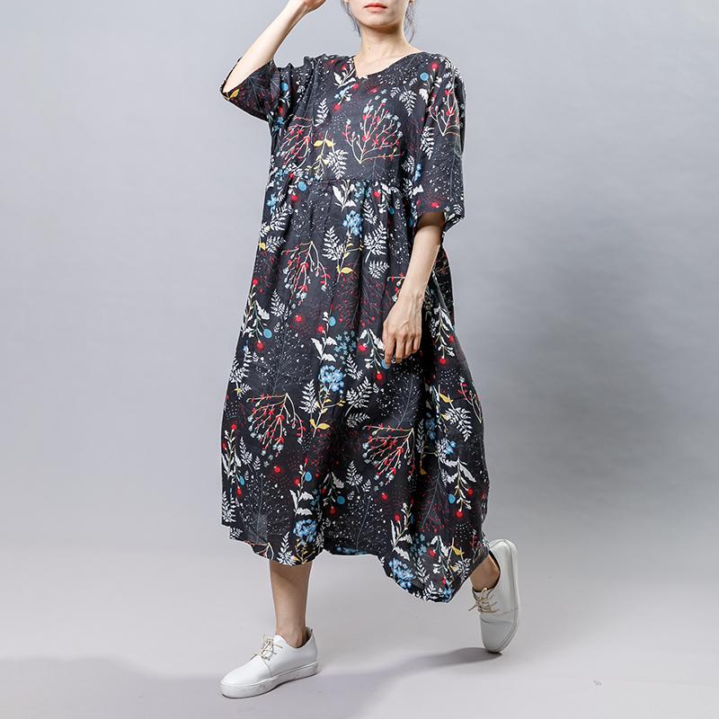 Plant Printed V-Neck Casual Gauzy Dress