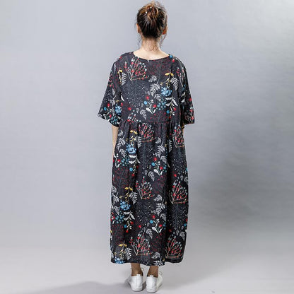 Plant Printed V-Neck Casual Gauzy Dress