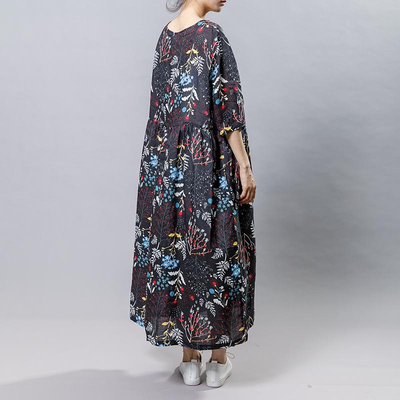 Plant Printed V-Neck Casual Gauzy Dress