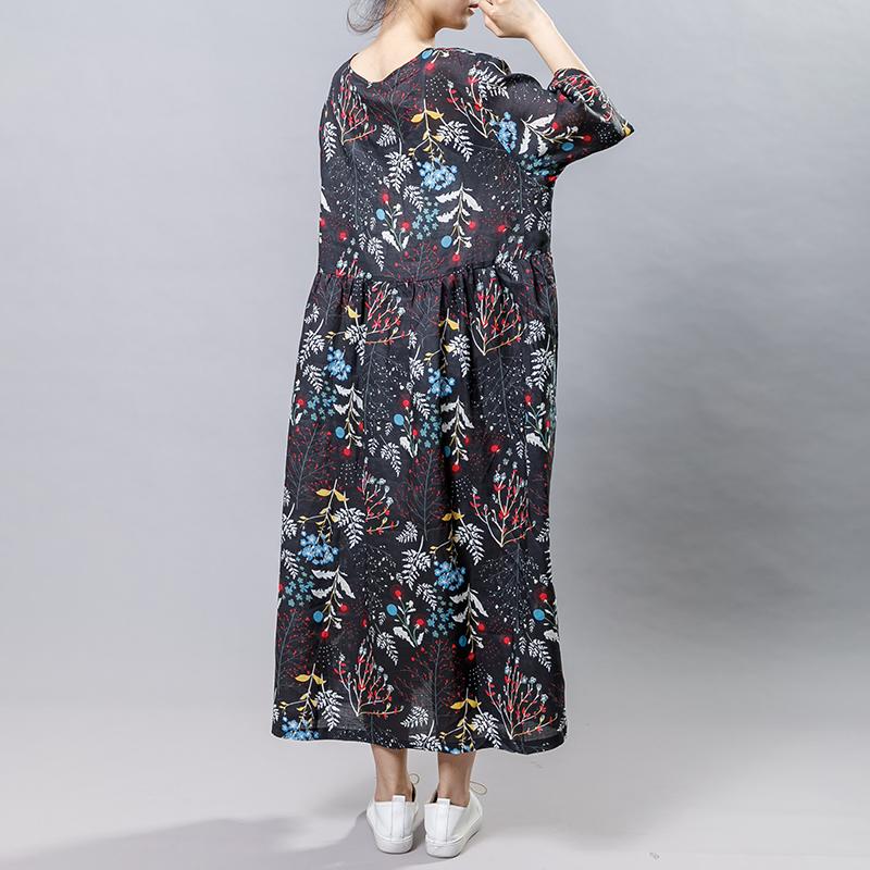 Plant Printed V-Neck Casual Gauzy Dress