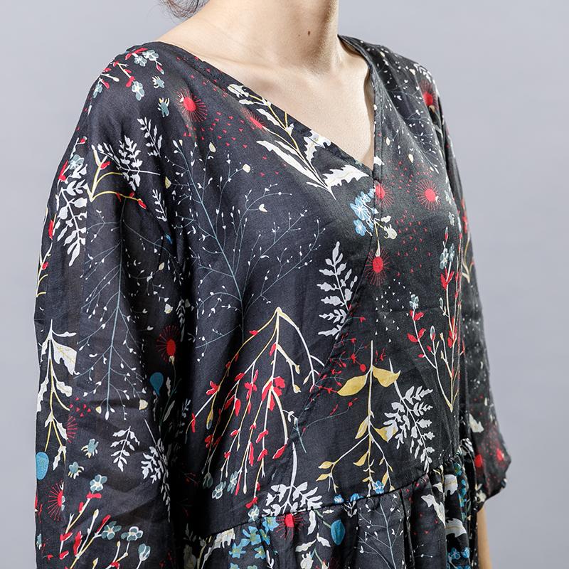 Plant Printed V-Neck Casual Gauzy Dress