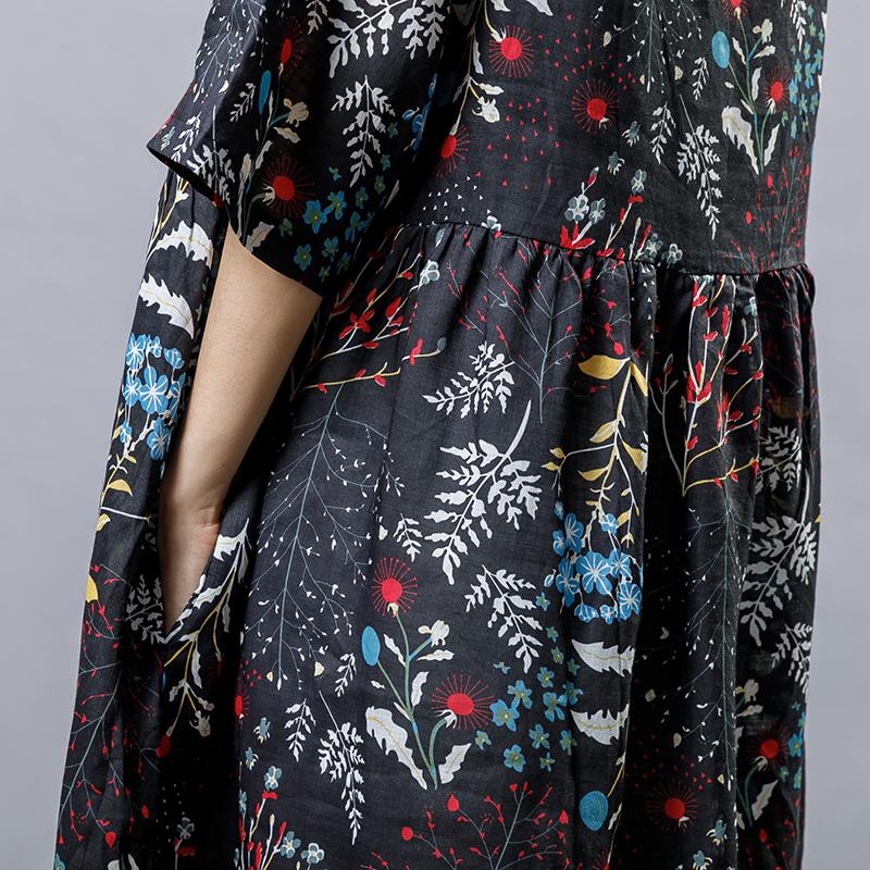 Plant Printed V-Neck Casual Gauzy Dress