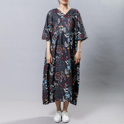 Plant Printed V-Neck Casual Gauzy Dress
