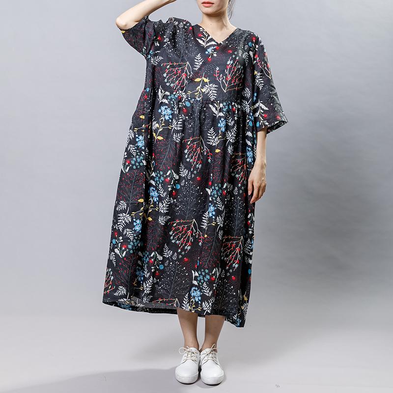 Plant Printed V-Neck Casual Gauzy Dress