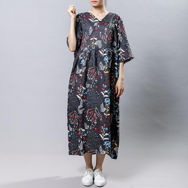 Plant Printed V-Neck Casual Gauzy Dress