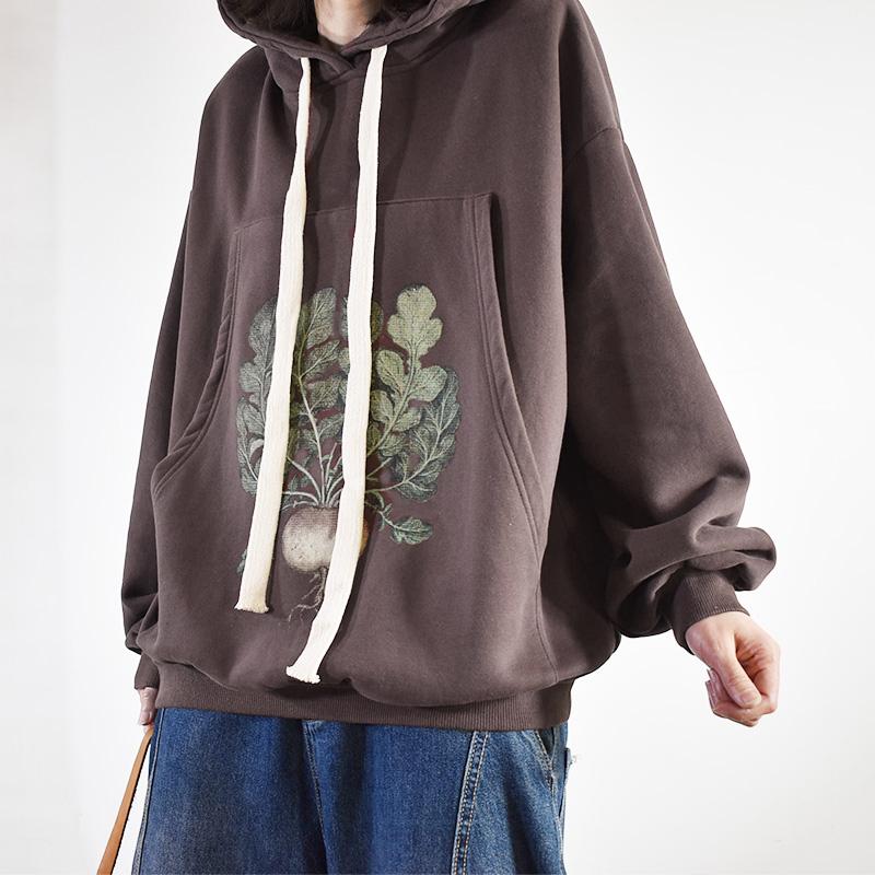 Plant Prints Loose Hooded Sweatshirt